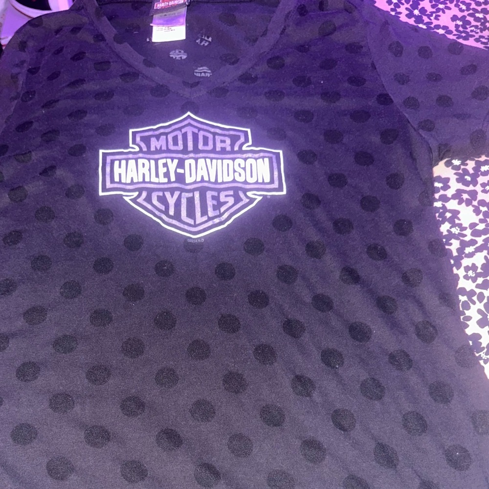 Harley-Davidson Black Polka Dot Womens v neck Tee size XL